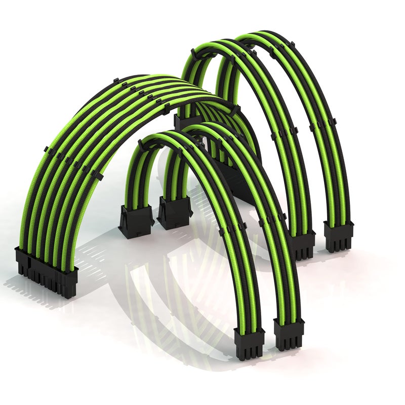 LINKUP - AVA 30cm PSU Cable Extension Sleeved Custom Mod GPU PC Braided w/Comb Kit | 1 x 24 P (20+4) | 2 x 8 P (4+4) CPU | 2 x 8 P (6+2) GPU Set | 300mm - GreenBlack - Image 1